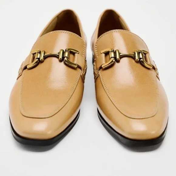 ZARA CHAIN TRIM LEATHER LOAFERS LIGHT BEIGE SZ US 10 - Picture 5 of 7